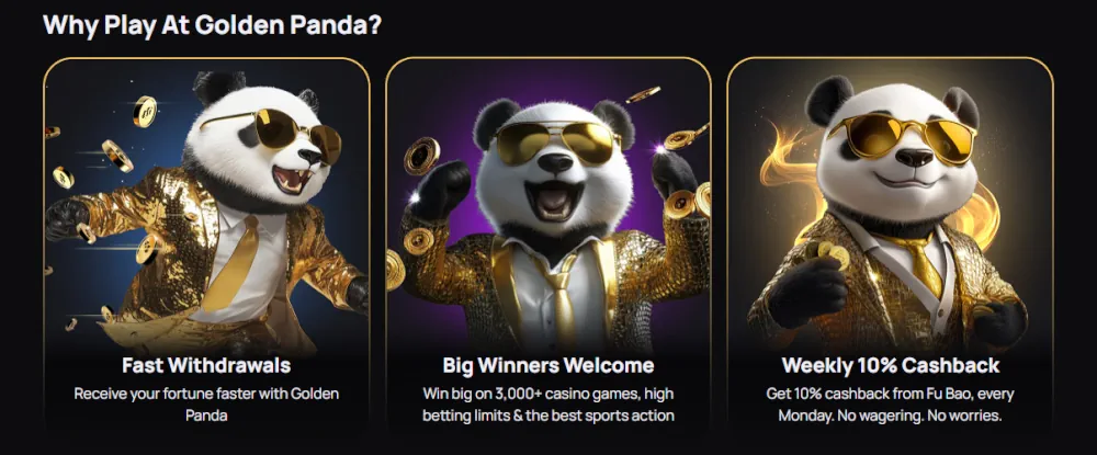 Voordelen van Golden Panda casino, waaronder snelle uitbetalingen en 10% wekelijkse cashback.